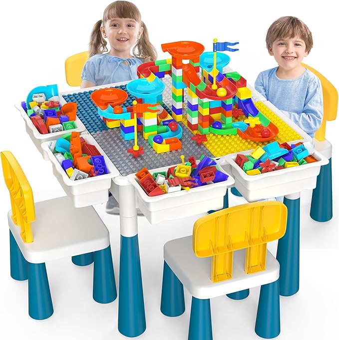 Toddlers Kids Table and Chair Set: Activity Table with 152Pcs Large Marble Run Building Blocks 4 Chairs Storage All in One Play Sensory Table Water Table Sand Table for Boys Girls 3-10 Year Old