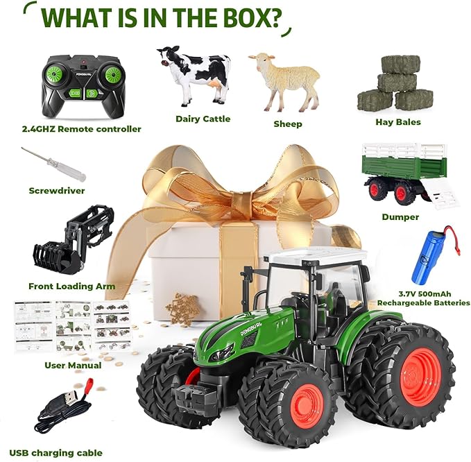 Remote Control Tractor Toy, 2.4 Ghz RC Tractor Toys for Kids 3-5, Toy Tractors Set with Trailer and Light/Loading Arm, Farm Animal Toys Include Cows, Sheep and Hay Bales, Toys for Boys 5-7