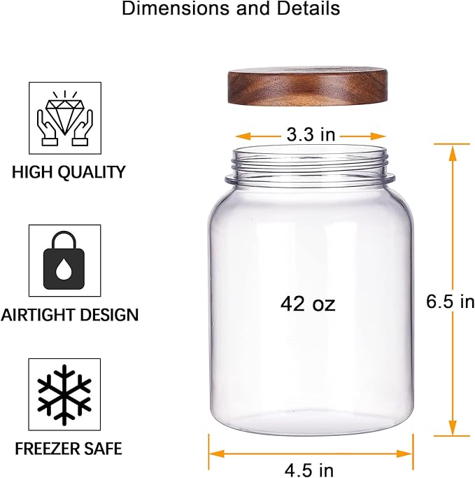 42 Fluid Ounces Unbreakable & Dishwasher Safe Plastic Apothecary Jar with Wooden Airtight Screw Top Lid, Food Storage Canister for Sugar, Tea, Spices, Coffee, Cookie, Candy Containers