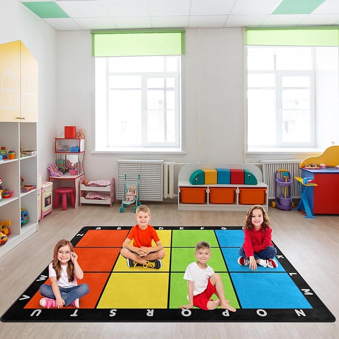 Classroom Carpets Playmat Rugs - 5x7 Ft Kids Rug with Rubber Backing, Colorful Squares with Letters Classroom Seating Rug Play Mat Nursery Rugs for Preschool Elementary Playroom -12 Seating