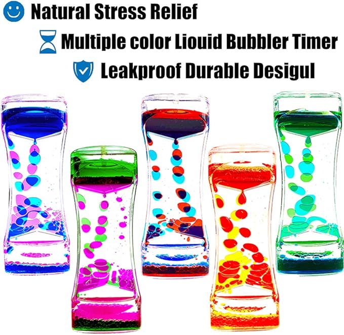 FKYTION Liquid Motion Bubbler Timer Pack of 5 Colorful Hourglass Liquid Bubbler Sensory Anxiety Toys Autism ADHD Fidget Toys Children Activity Calm Relaxing Desk Toys for Kid's Teenager Adults