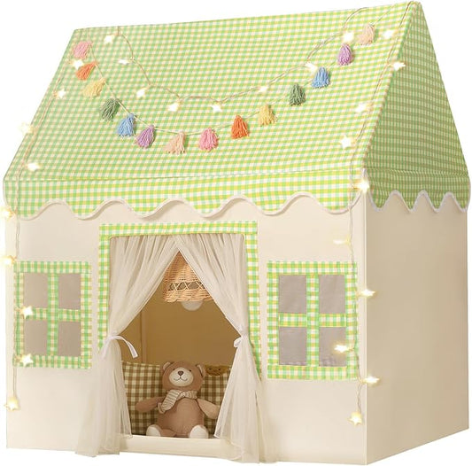 Kids Play Tent Indoor: Mat, Tassel Garland, Star Lights - Green Checkered Boys Tent Playhouse for Toddlers Kids Toys for Boy Girl Birthday Gift