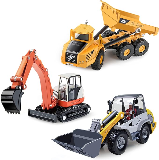 iPlay, iLearn Heavy Duty Construction Site Playset, Metal Dump Truck, Excavator Digger Backhoe, Tractor Bulldozer Diecast Vehicle, Outdoor Sandbox Car Toy, Birthday Gift 3 4 5 Year Old Boy Kid Toddler