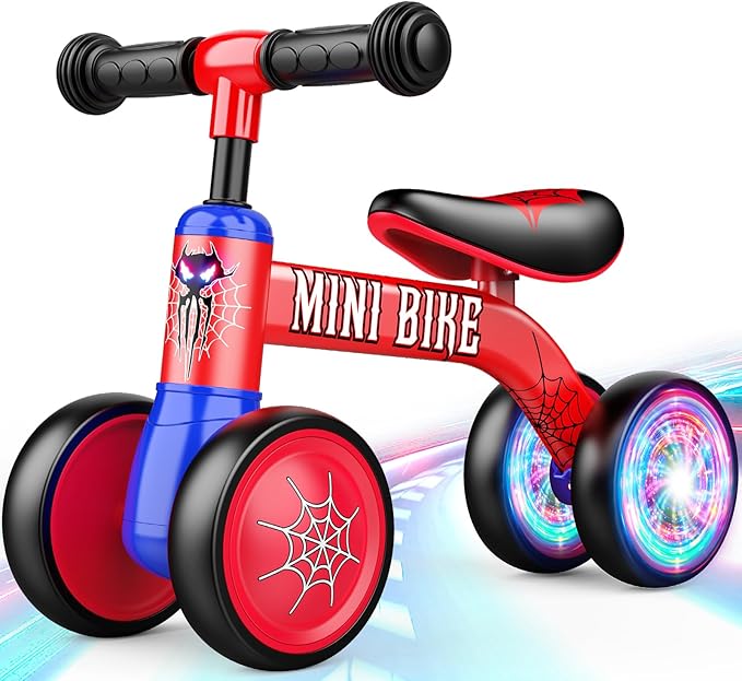 Baby Balance Bike 1-2 Year Old: Spider Toddler Bike Baby Bike for 10-24 Month with Colorful Lighting & 4 Wheels First Riding on Toys Spider Easter Birthday Gifts for One Year Old Boy Girl Gifts
