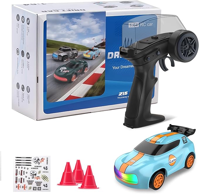 RC Drift Car 1/64 Scale Mini RC, 2.4Ghz Micro Turbo Racing 4WD Desktop Remote Control Rally Car with LED Lights for Adults Kid Toys Gift (Electric Blue Concept Model)