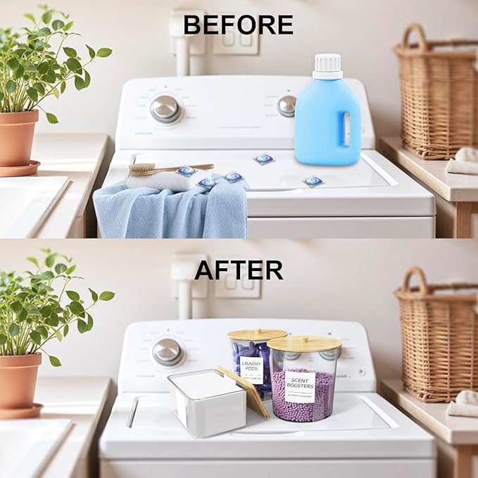 3+3 Pack laundry room organization - Dryer Sheet Holder, Laundry Pods Container, Clear Laundry Detergent Dispenser with Scoops Labels and Mesh Laundry Bags