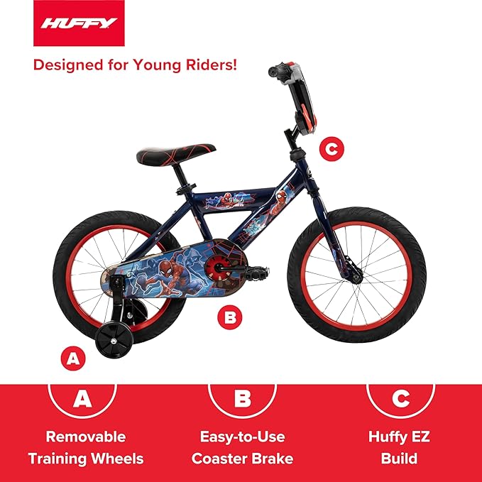 Huffy Disney and Marvel 12/16 Inch Boy's Bike for Kids, Multiple Color Options and Designs Available, Ideal for Ages 3+ Years Old, Removable Training Wheels, Adjustable Seat, Simple Coaster Brake
