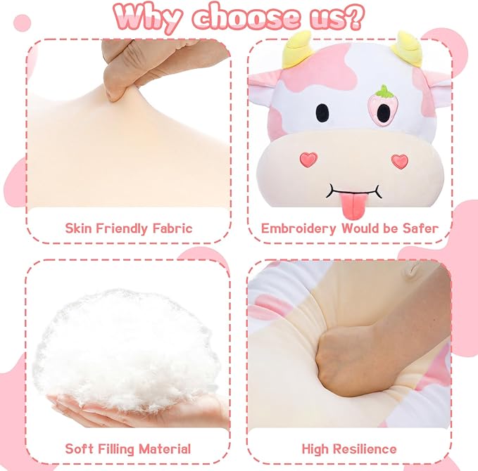 Long Cow Body Pillow 43.3Inch Cow Body Pillow, Pink Cow Stuffed Animal Glow in The Dark, Strawberry Cow Pillow with Heart for Kids Girlfriend,Birthday, Thanksgiving, Christmas Pillow Gift