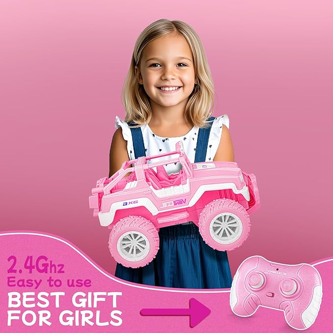 Pink Remote Control Car for Girls, 1:16 Scale RC Jeep with LED Light & Rechargeable Batteries, 80 Min Playtime 2.4 GHZ Pink Truck Toy, Car Toys Gifts for Girls