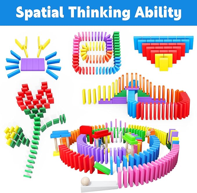 PEBIRA Large Dominoes for Kids, Wooden Dominos Set Include 200 PCS Colorful Domino Blocks, 11 Add-on Tricks and 1 Storage Bag, Bulk Building Dominoes, Kits Gift for Boys Girls Adult