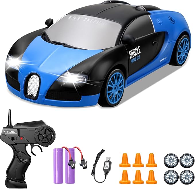 RC Drift Car, 1:24 Remote Control Blue High Speed Race Drifting Cars, 2.4GHz 4WD Electric Sport Racing Hobby Toy Car with Headlight and Double Batteries for Boys and Girls Adults