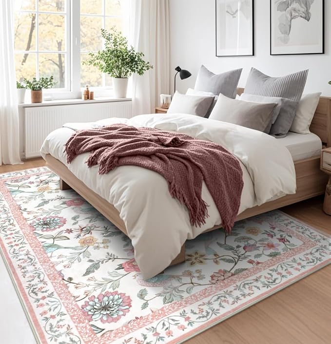 Floral Washable 8x10 Area Rug for Living Room, Soft Pink Large Girls Bedroom Non-Slip Low Pile Flower Birds Dining Room, Botanical Floor Carpet for Kids Classroom Office