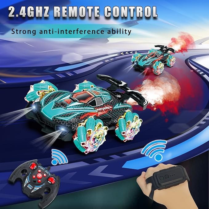 RC Gesture Sensing Stunt Car, with Spray, Light & Music, Best Toy for Boys 6-12 Years Old 360° Rotating 4WD Remote Control Transforming 2.4Ghz Manual Control Car Birthday Present (Blue)
