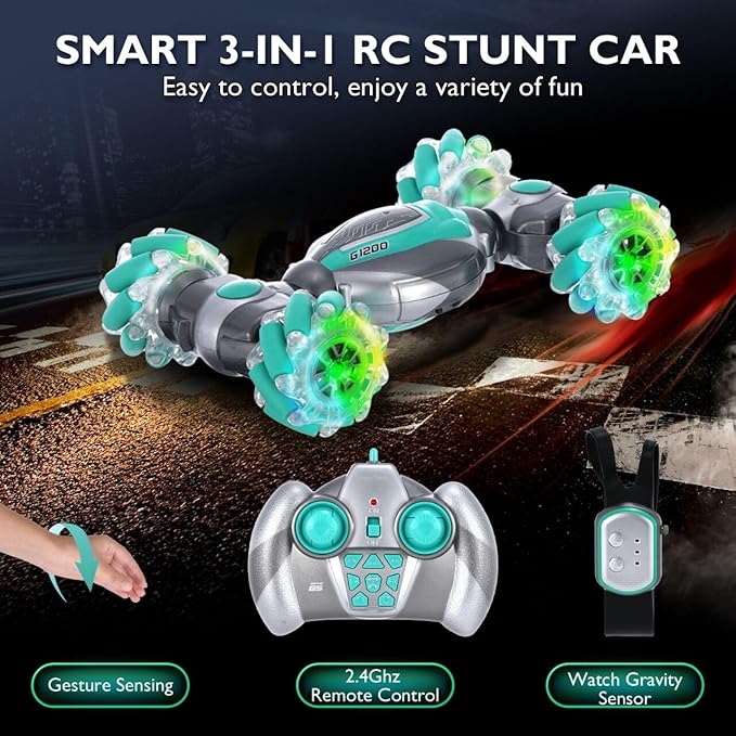 Gesture Sensing RC Stunt Car, Gesture RC Car for 6-12 yr Boys Girls, Hand Controlled RC Car 360° Double-Side Rotation with Lights, 2.4GHz 4WD Remote Control Twist Cars, Xmas Gifts for Kids Age 8-12