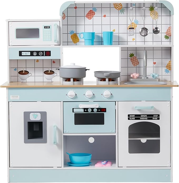 VEVOR Play Kitchen for Kids, Wooden Toy Kitchen Set with Lights and Sounds, Toddler Kitchen with Ice Maker, Oven, Sink, Microwaves, Fridge and Utensil and Fruit Accessory for Toddlers Ages 3-8, White