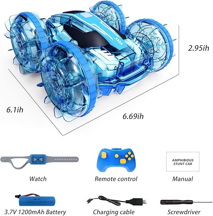 Tecnock Amphibious Remote Control Car Boat for Kids, 4WD RC Stunt Car with Waterproof Remote Control, 2.4GHz Gesture RC Cars with LED Lights, Water Pool Toys Gifts for Boys, Girls