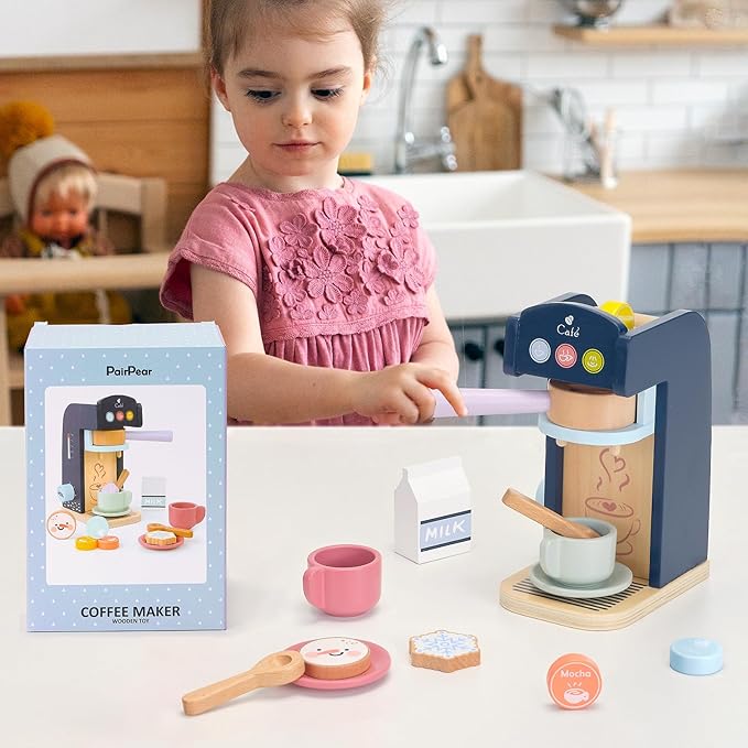 PairPear Kids Coffee Maker Wooden Kitchen Playset, Wooden Toys Play Coffee Maker Set with Play Food for Kids, Toddler Play Kitchen Accessories Gift for Girls and Boys 3+