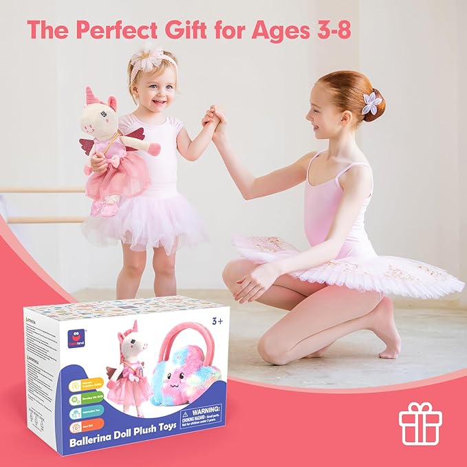 Unicorns Toys for Girls Age 4-6 - Ballerina Doll Stuffed Animal Toys for Girls 3-5, Ballet Dress up Doll, 3 Set Clothes with Plush Bag, Kids Toy 4 Year Old Girl Birthday Gift Dance Recital Gifts