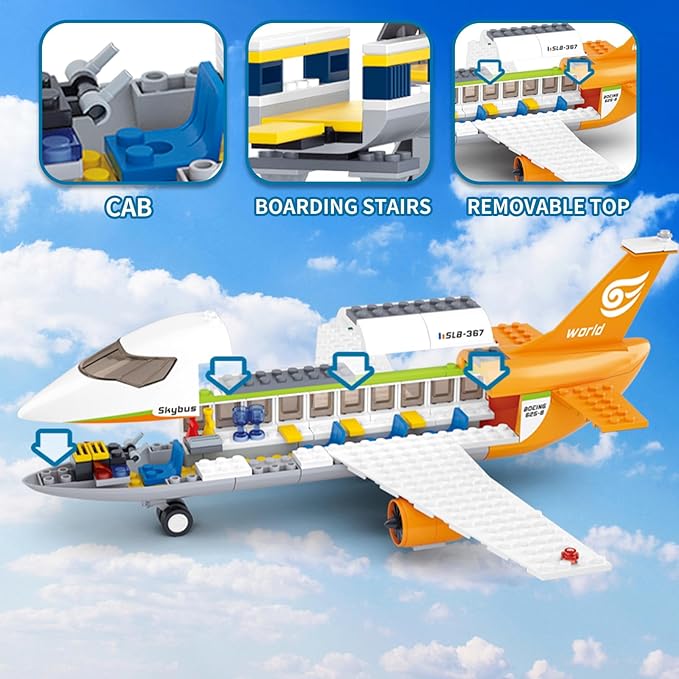 Airplane Building Set, City Airport Passenger Plane Toy for 6+ Year Old Boys and Girls, Compatible with Lego Plane, with an Airplane, Control Tower, Terminal, Baggage Cart, and 8 Minifigures