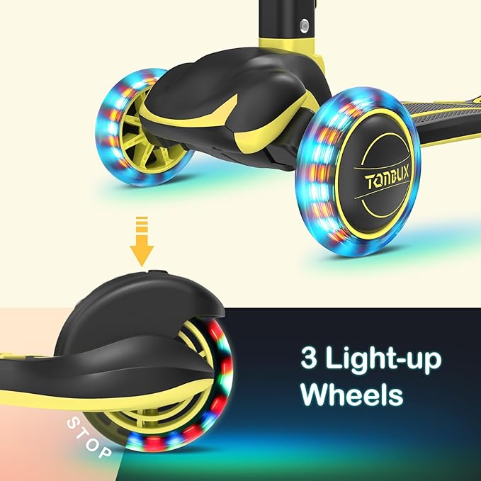 TONBUX Kids Scooter, Light Up 3 Wheel Kick Scooters for Kids 3-12, Folding Scooters with Adjustable Height - Toddler Scooter Lean-to-Steer & Widen Anti-Slip Deck