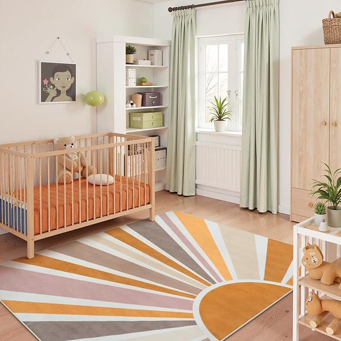 STARUIA Sun Machine Washable Area Rugs 5x7 for Living Room, Soft Non-Slip Boho Rainbow Kids Nursery Orange Throw Rug Carpet for Bedroom, Colorful Kitchen Rug for Classroom Office Dining Room