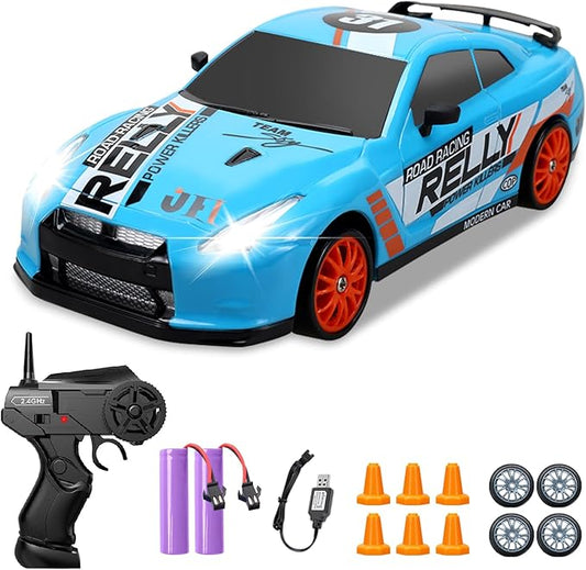 Remote Control Car RC Drift Car 2.4GHz 1:24 Scale 4WD 15KM/H High Speed, Rechargeable High Speed RC Cars with Cool Lights, Two Batteries and Extra Tires Toys for Kids