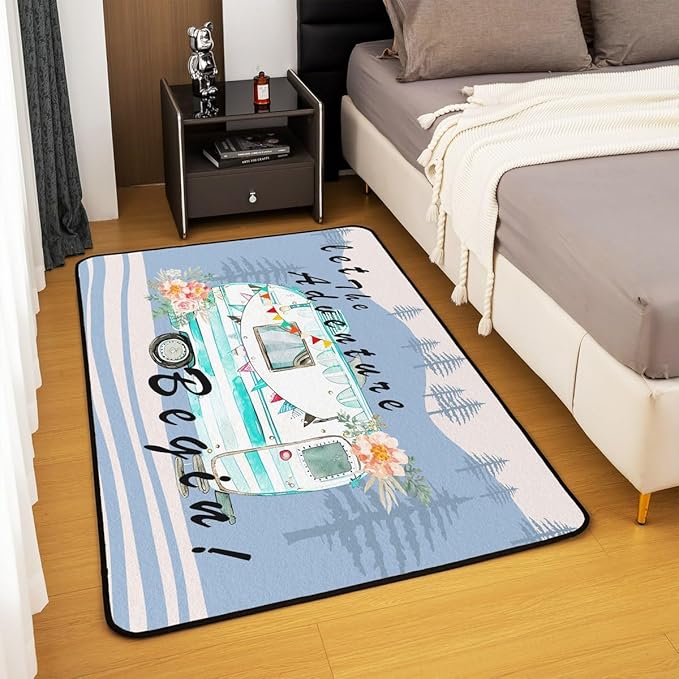 Erosebridal Camper Adventure Area Rug 5x7 RV Car Rug for Kids Boys Girls Cartoon Spring Flowers Mountain Travel Carpet Blue Pink Abstract Botanical Non Slip Accent Rug