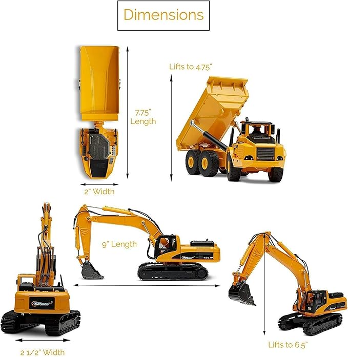 Top Race Construction Toys Set - Metal Excavator Toy, Dump Truck for Kids - Realistic Toy Trucks with Moving Parts for Indoor, Outdoor Play - Durable Construction Vehicles for Boys and Girls