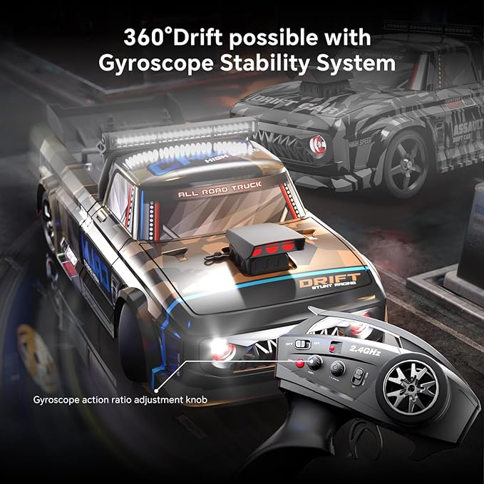 Scale RC Drift Car, 2.4Ghz 4WD RC Race Car with Gyro, LED, 2 Rechargeable Batteries - Hobby RC Cars for Boys