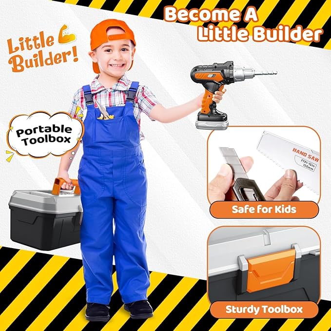 Kids Tool Set with Portable Tool Box & Electronic Toy Drill, Toddler Tool Set,Tool Play Toys Construction Tools for Kids Ages 3,4,5,6,7,8 for Christmas Birthday Gifts