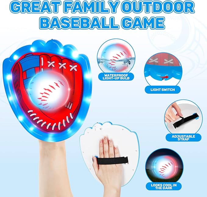 CozyBomB Toss and Catch Ball Game Set - Toddler Sports and Outdoor Toys, Sticky Baseball Glove Catch Games for Kids, Birthday Gifts for 3-10 Year Old Boys Girls (4 LED Paddle 6 Balls Vibration Flash)