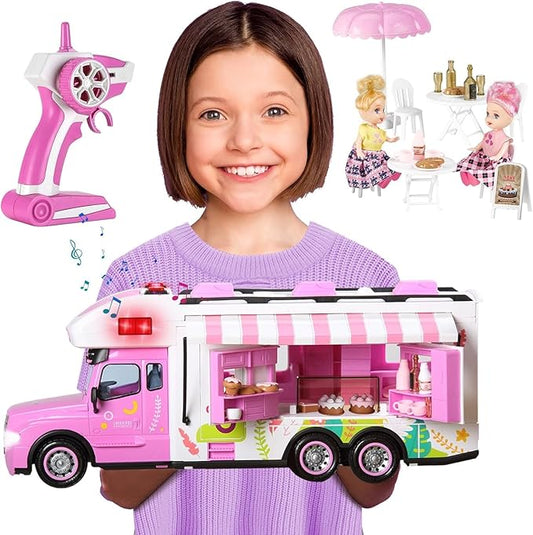 Carox Remote Control Car for Girls Food Truck Toy Playset,Pink Remote Control Food Truck with Food Set, Dolls and Tableware Set,Best Gift for 4-9 Years Old Girls, Birthday (Rose red)