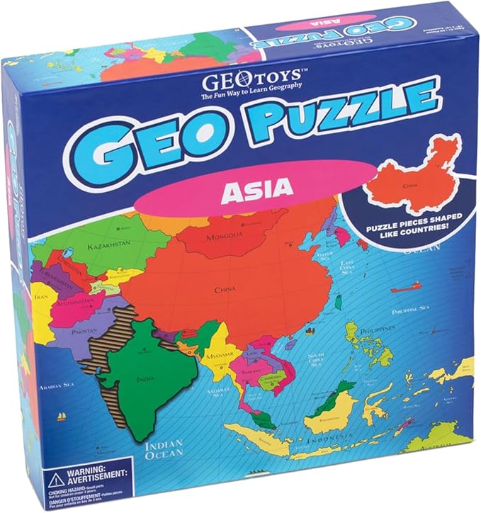 GeoToys GeoPuzzle, Asia Shaped Jigsaw Puzzles, 50 Pc Geography Puzzle, Geography Game & Map Puzzle, Jigsaw Puzzles for Kids Ages 6-9 Years Old