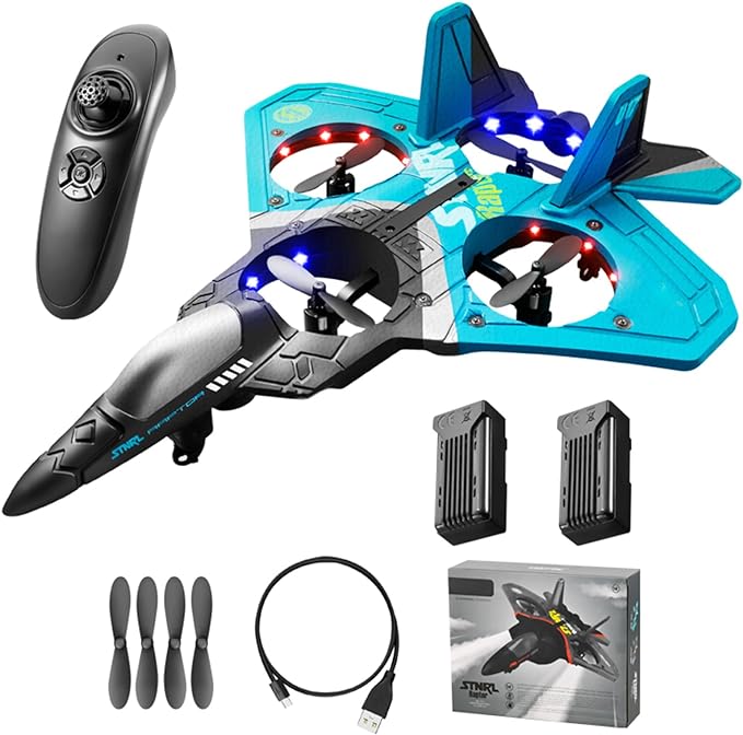 V17 Jet Fighter Stunt RC Airplane,V17 Remote Control Plane 2.4Ghz Foam RC Airplanes Helicopter quadcopter for Adults Kids,Spinning Drone,Gravity Sensing,Stunt Roll,Cool Light (Blue+2pcs Battery)