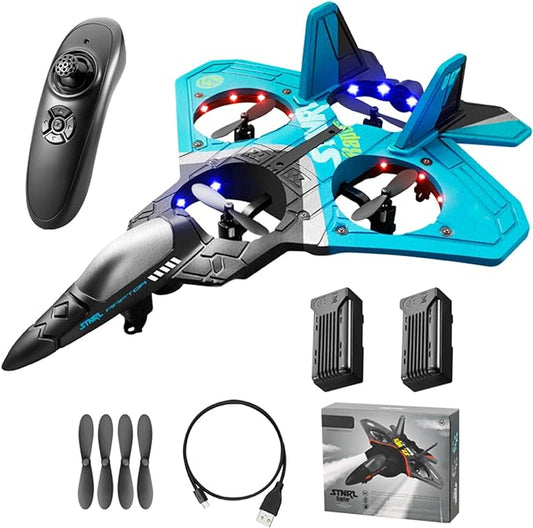 V17 Jet Fighter Stunt RC Airplane,V17 Remote Control Plane 2.4Ghz Foam RC Airplanes Helicopter quadcopter for Adults Kids,Spinning Drone,Gravity Sensing,Stunt Roll,Cool Light (Blue+2pcs Battery)