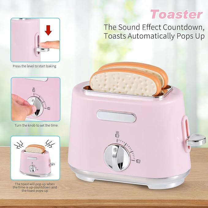 Play Kitchen Toys Kids Accessories Pretend Play Appliances Toy Set with Coffee Maker, Mixer, Toaster for Kids Toddler Kitchen Playset Ages 4-8 Girls (Pink)