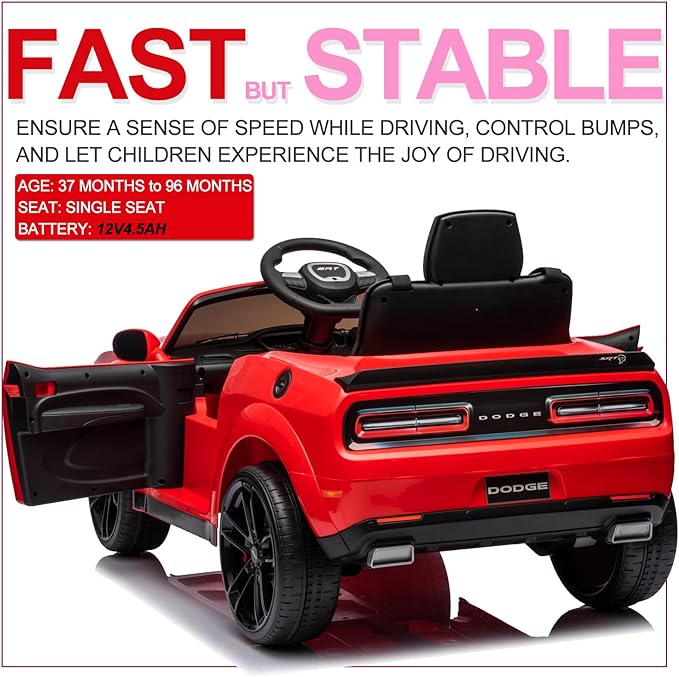 Kids Electric Car | Licensed Dodge Challenger Ride-On 12V Battery-Powered Vehicle with Remote, LED Lights, Bluetooth, MP3 for Boys and Girls, Red