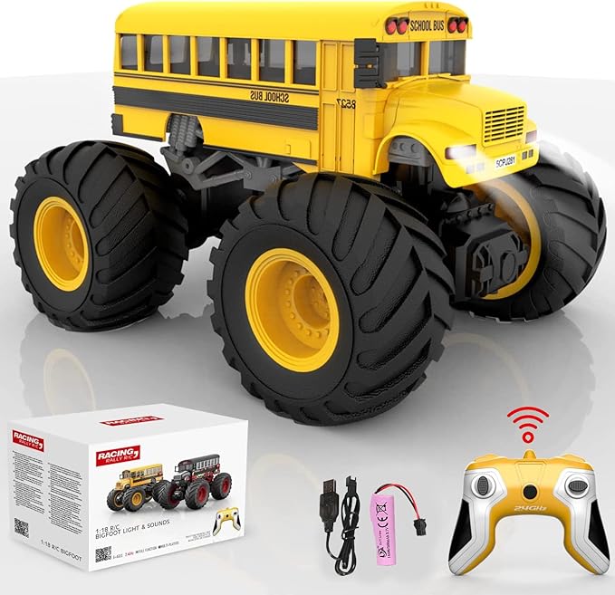Remote Control Monster Truck - 1:18 Scale RC Fire Truck, 2.4GHz Big Wheel School Bus with Lights, Sounds, Rechargeable Electric Toy Stunt Jam Car for Kids, Boys, Girls (School Bus)