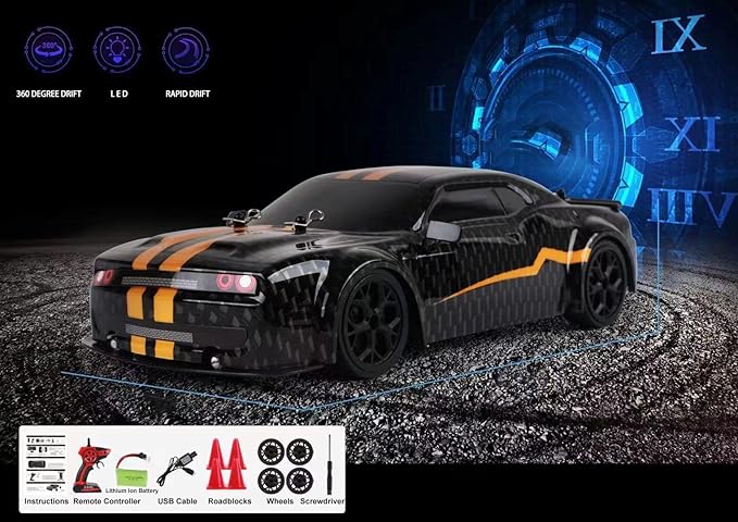 FelizWina-2.4G,1:14,High Speed Remote Control Drift Car,2 Rechargeable Battery,LED,Light up,up to 28Km/H,4WD Racing Fast Drift RC Car Vehicle Toys for Boys Girls, Xmas Birthday Gifts for Kids,1