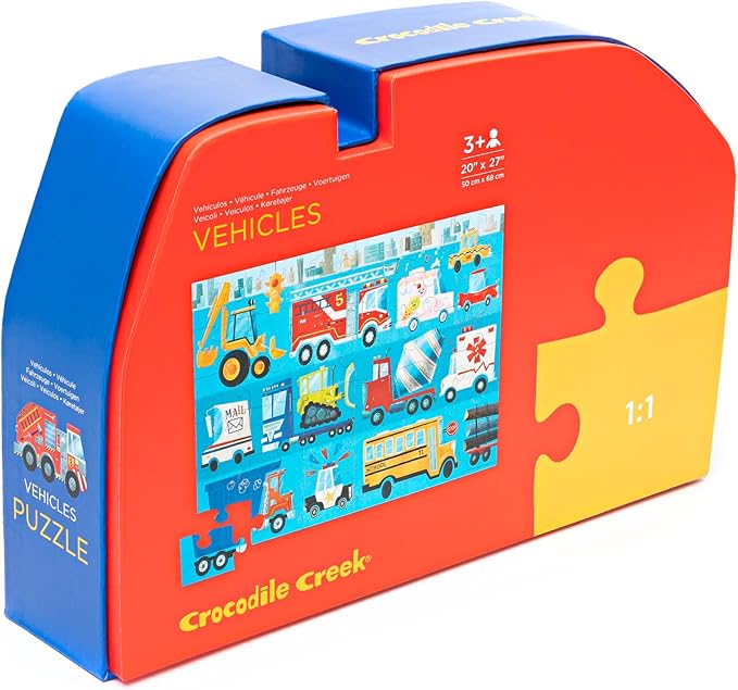 Crocodile Creek 36-Piece Jigsaw Floor Puzzle - Fun Floor Puzzles for Kids Ages 3-5 - Heavy-Duty Shaped Box for Storage - Vehicles - 24" W x 18" H Finished