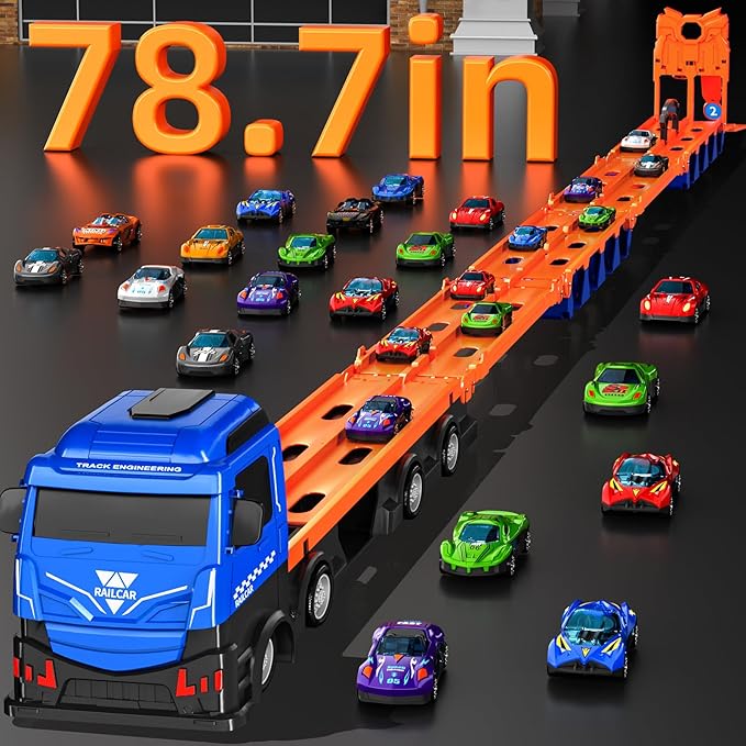 78.7-Inch Racing Car Track Truck Toy for Boys 2 3 4 5 6 7 Years Old - Transport Carrier Trucks, Foldable Tracks Storage, 12 Die-cast Car, Gifts for Toddlers and Kids Aged 3-5