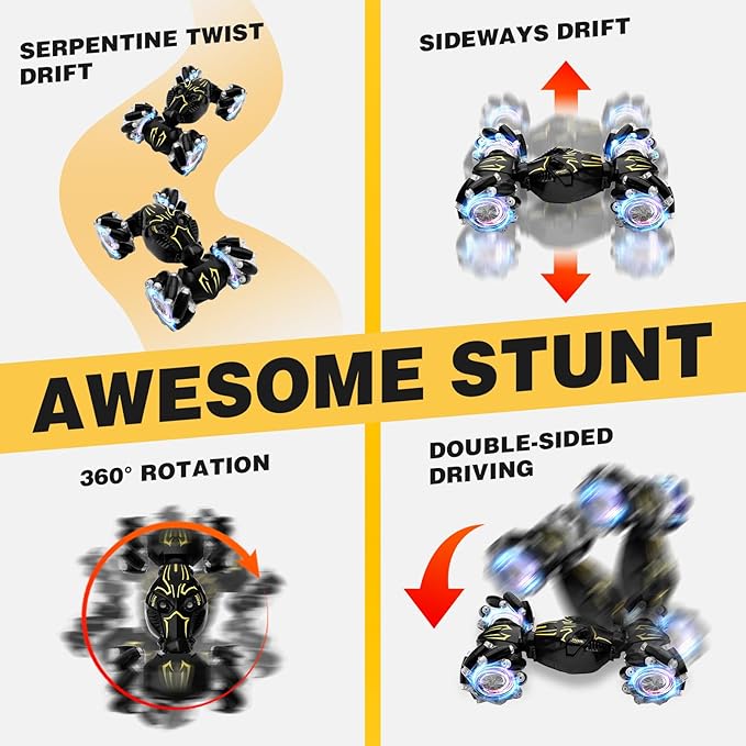 Remote Control Car for Boys 8-12, 4WD Gesture Sensing RC Stunt Car 2.4Ghz with Lights Music Sprayer RC Cars for Boys Age 4-7 8-12 Hand-Controlled Cars Toys Birthday Gifts for Kids Girls Black