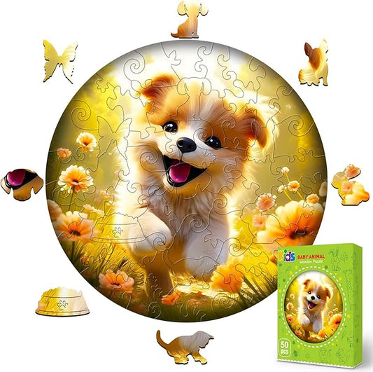 Easter Gifts for Kids Girls Boys, Easter Basket Stuffers, Wooden Jigsaw Puzzles for Kids Ages 4-6, 50 Piece Unique Shape Animal Theme Puzzle - Preschool Learning Educational Toys for Kid 3+ (Puppy)