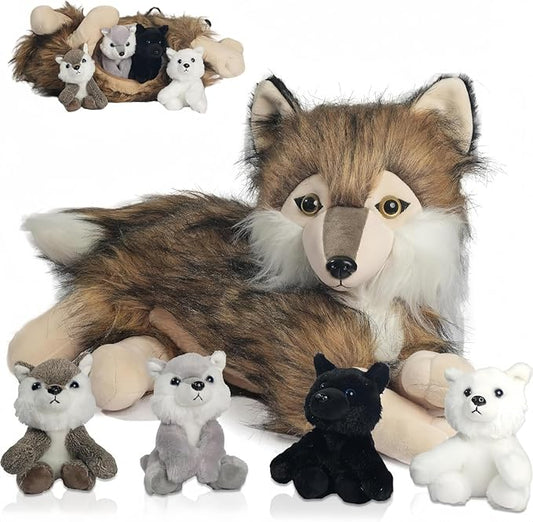5 Pcs Wolf Stuffed Animal Plush Set 16 Inch Mommy Stuffed Wolf Plush with 4 Baby Wolves in Zipper Pouch, Soft Wolf Plushies for Kids Boys Girls Birthday Party Decoration