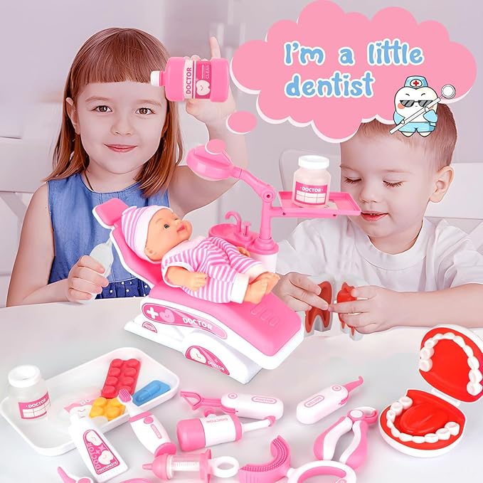Doctor Kit for Toddlers 3-5, 28 Pcs Kids Dentist Set for Girls Boys Gift, Pretend Medical Kit With Chair, Dental Tools, Cute Doll, Role Play Dentist Gift for Birthday Christmas (Pink)