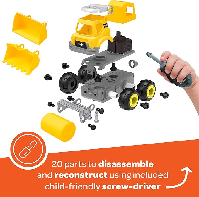3-in-1 Build N Drive RC Truck - Take Apart Toy Building Kit for Boys - 20pc STEM Set, Car Building Toys for Kids 3-6 - Front Loader, Bulldozer and Plow Trucks