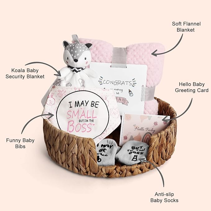 Baby Gift Set, Baby Girls Gift Set New Baby Gifts Basket - Babies Blanket Baby Lovey, Funny Baby Bibs Socks & Greeting Card - Newborn Baby Shower Gifts, Fox
