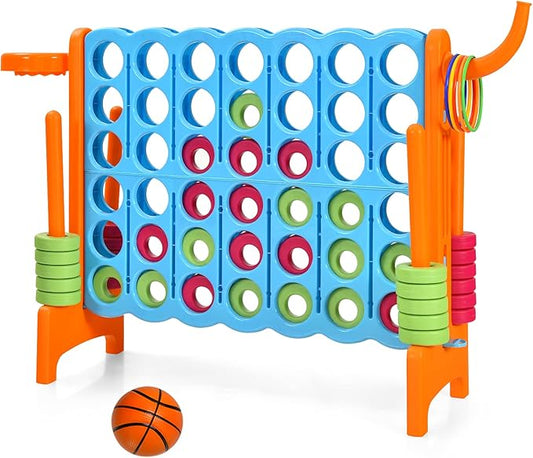 Costzon Giant 4-in-A-Row, Jumbo 4-to-Score Giant Game w/Basketball Hoop, Ring Toss, Quick-Release Slider, 42 Jumbo Rings, Indoor Outdoor Family Connect Game for Kids & Adults, Backyard Games, Orange