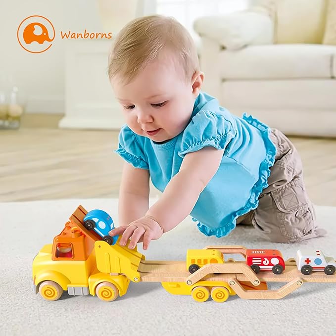 Toddler Car Toys for 2 3 4 5 Years Old Kids, Transport Carrier Truck Toy with 4 Wooden Vehicle, 24IN Foldable Track Trailer with Light & Sound Effects, Best Gift Choice for Christmas, Birthday