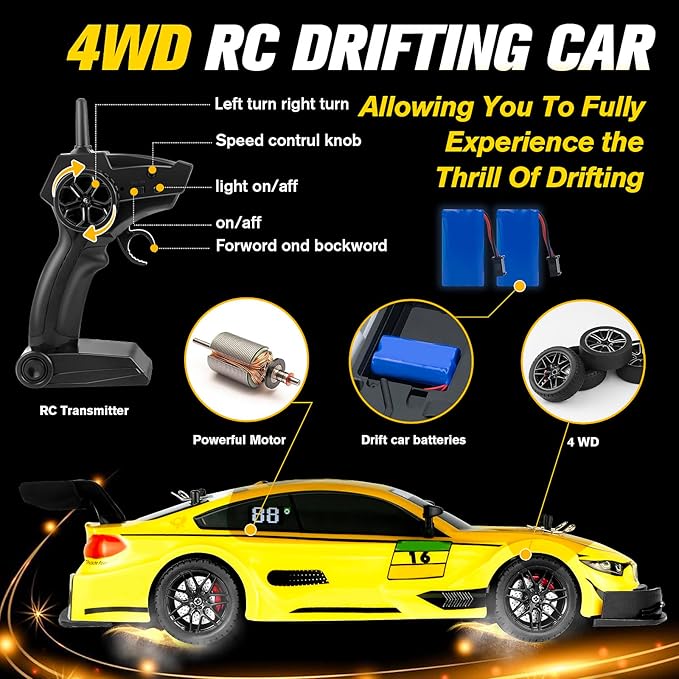 RC Drift Car, 1:16 Scale Drifting Cars2.4GHz 4WD RC Race Car, 40km/h High-Speed Remote Control Drift Cars Vehicle, Racing Sport for Boys Girls Kids - 2 USB Rechargeable Batteries (Yellow)